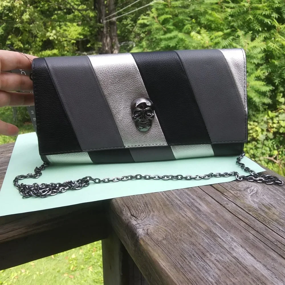 Sondra Roberts Squared Black Gray Silver Skull Charm Envelope Clutch Crossbody